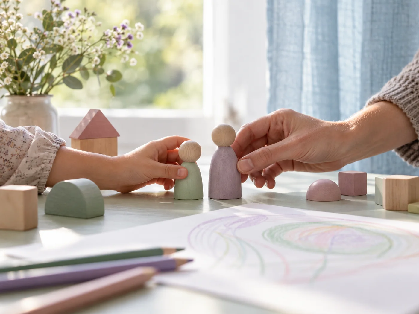 Hände und Holzfiguren beim kreativen Spiel – symbolische Darstellung